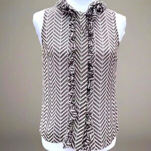 Tory Burch Brown & White Silk Blend Sleeveless Ruffle Blouse Size 2